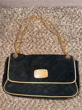 Michael Kors Black Suede Quilted Shoulder Bag with Gold Chain and Trim